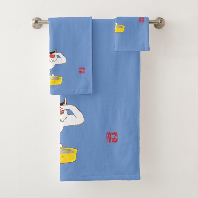 Humourous Japanese Cat Bathing I Bath Towel Set (Insitu)
