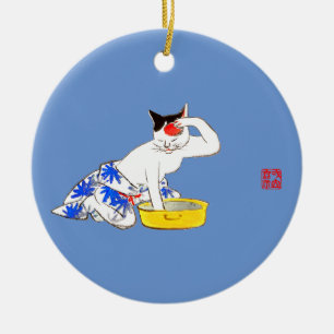 Humourous Japanese Cat Bathing I Ceramic Ornament