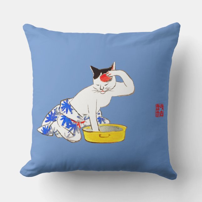 Humourous Japanese Cat Bathing I Throw Pillow (Front)