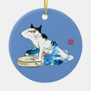 Humourous Japanese Cat Bathing II Ceramic Ornament
