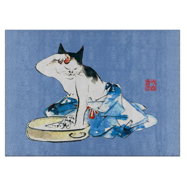 Humourous Japanese Cat Bathing II Cutting Board (Front)