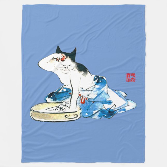 Humourous Japanese Cat Bathing II Fleece Blanket (Front)