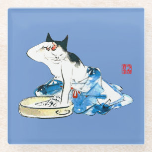 Humourous Japanese Cat Bathing II Glass Coaster