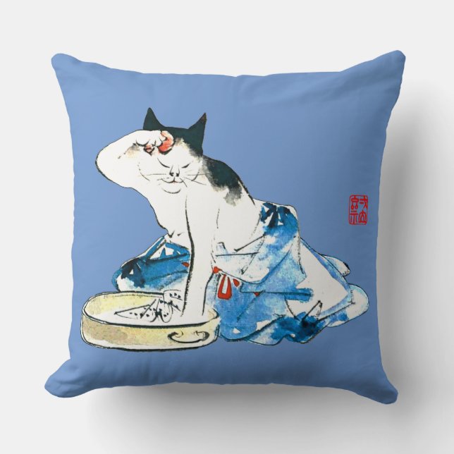 Humourous Japanese Cat Bathing II Throw Pillow (Front)