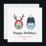 Humourous Masked Christmas and Hanukkah Holiday Card<br><div class="desc">Send some humour with this funny Christmas and Hanukkah themed holiday card. The design features a masked reindeer and character wearing a Star of David print winter hat and an "oy!" mask. Message,  name and year are customizable. Room for an optional text on the back.</div>