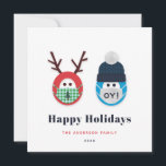 Humourous Masked Christmas and Hanukkah Holiday Card<br><div class="desc">Send some humour with this funny Christmas and Hanukkah themed holiday card. The design features a masked reindeer and character wearing a Star of David print winter hat and an "oy!" mask. Message,  name and year are customizable. Room for an optional text on the back.</div>
