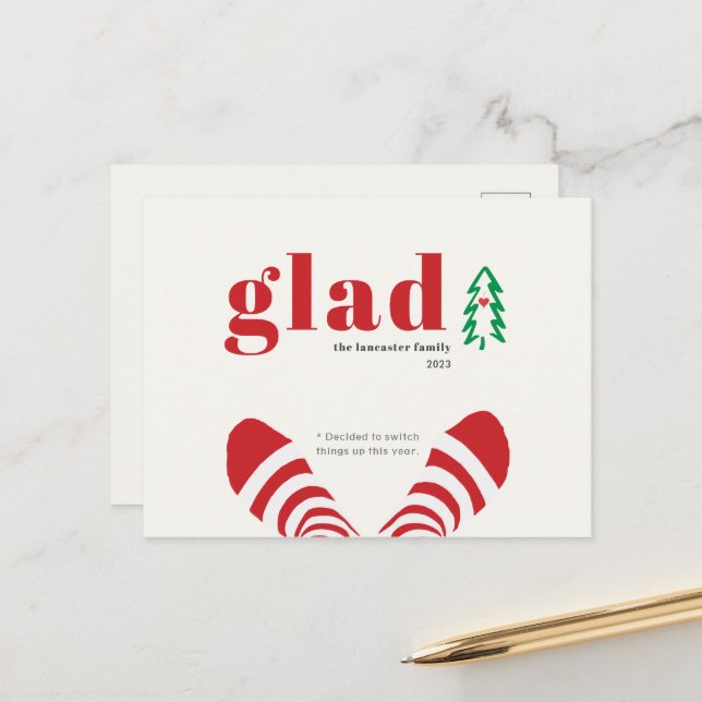 Humourous Minimalist Red Socks New Year Holiday Postcard (Front/Back In Situ)