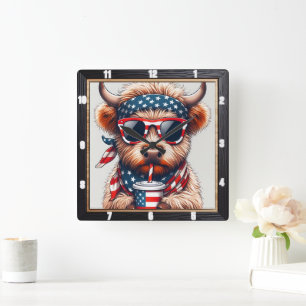 Humourous Patriotic Highland Cow Square Wall Clock