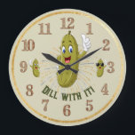 Humourous Pickle Wall Clock Dill With It 2<br><div class="desc">"Dill With It!" Funny round pickle clock.  Dill pickle green.  Thanks for looking.

See the original green background Dill pickle wall clock:

https://www.zazzle.com/humorous_pickle_wall_clock_dill_with_it-256624220405565918

Dill Pickle Pillow:
https://www.zazzle.com/funny_dill_pickle_two_sided_throw_pillow-256581963382820896


Matching pickle mug:

https://www.zazzle.com/funny_pickle_dill_with_it_two_tone_coffee_mug-256641052593076036</div>