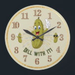 Humourous Pickle Wall Clock Dill With It 2<br><div class="desc">"Dill With It!" Funny round pickle clock. Dill pickle green. Thanks for looking.
See the original green background Dill pickle wall clock:
https://www.zazzle.com/humorous_pickle_wall_clock_dill_with_it-256624220405565918
Dill Pickle Pillow:
https://www.zazzle.com/funny_dill_pickle_two_sided_throw_pillow-256581963382820896
Matching pickle mug:
https://www.zazzle.com/funny_pickle_dill_with_it_two_tone_coffee_mug-256641052593076036</div>