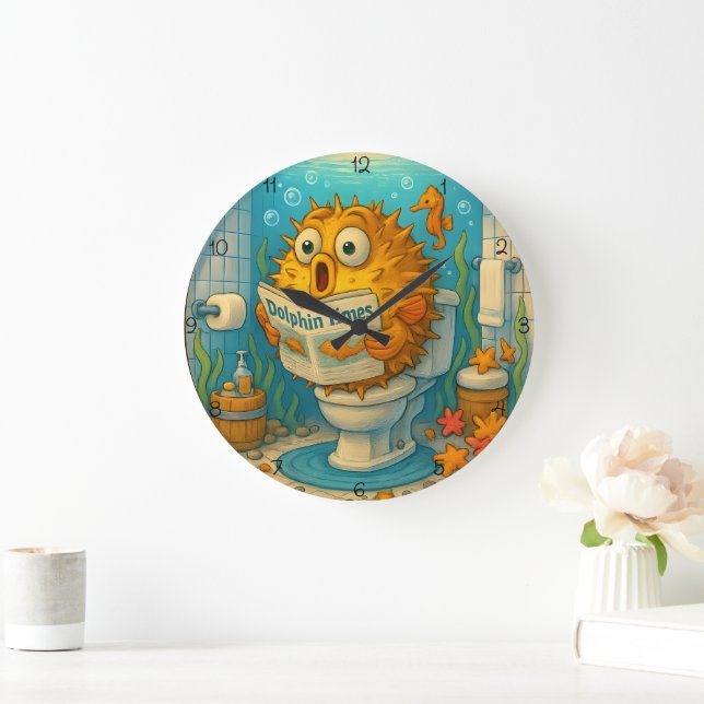 Humourous Pufferfish  Reading in an Aquatic-Themed Large Clock (Home)