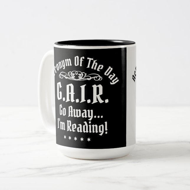 Humourous Reading Acronym Black And White Two-Tone Coffee Mug (Front Left)