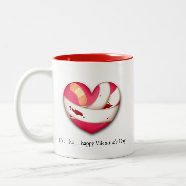 Humourous Sad Valentine's Day Bleeding Broken Hear Two-Tone Coffee Mug (Left)