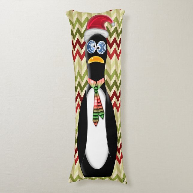 Humourous Santa Penguin on Red and Green Zig Zags Body Pillow (Front Vertical)
