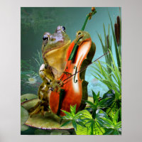 Humourous scene frog playing cello in lily pond