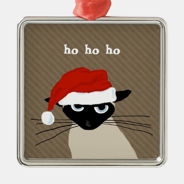 Humourous Siamese Cat Ho Ho Ho | Funny Santa Kitty Metal Ornament (Front)