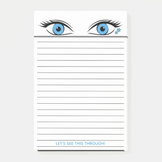 Humourous Steely Blue Eyes Staring Atop Lined Post-it Notes (Front)