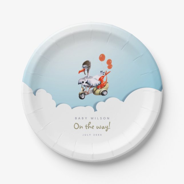 Humourous Stork on Scooter Gender Neutral Party Paper Plate (Front)