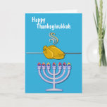 Humourous Thanksgivukkah Custom Holiday Card<br><div class="desc">Fun custom Thanksgivukkah greeting card done in a sky blue,  with graphics of a spit roasting turkey over a Menorah.  White text,  on the front reads,  Happy Thanksgivukkah.  Personalize the text inside to read what you want.</div>