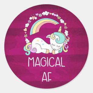 Humourous Unicorn Magical AF on Dark Red Pattern Classic Round Sticker