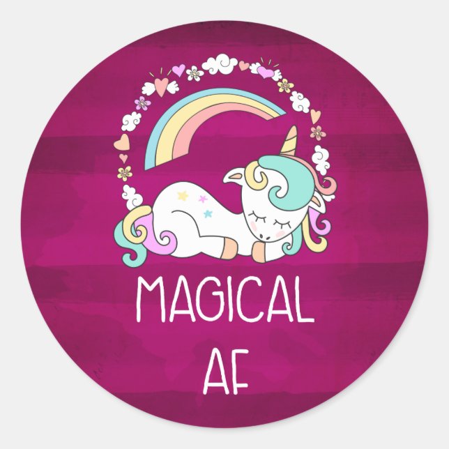 Humourous Unicorn Magical AF on Dark Red Pattern Classic Round Sticker (Front)