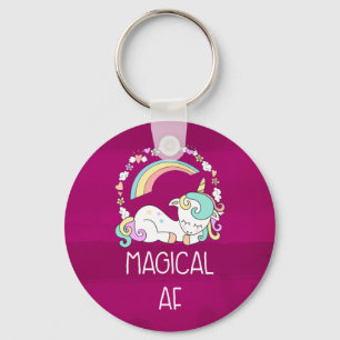 Humourous Unicorn Magical AF on Dark Red Pattern Keychain
