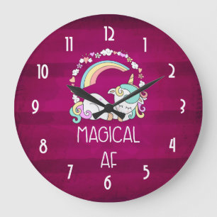 Humourous Unicorn Magical AF on Dark Red Pattern Large Clock