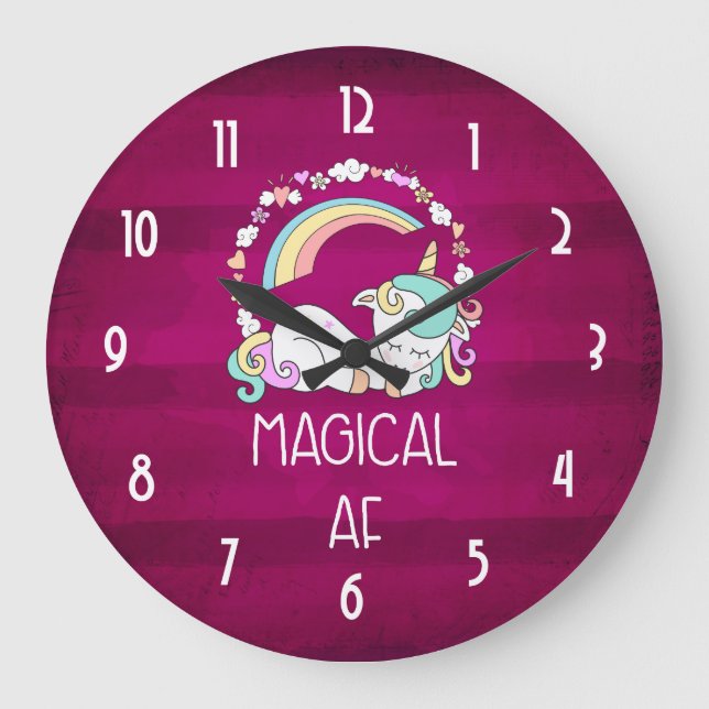 Humourous Unicorn Magical AF on Dark Red Pattern Large Clock (Front)