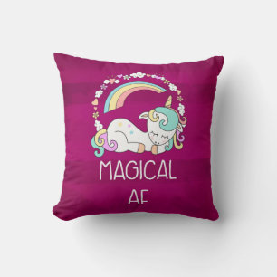 Humourous Unicorn Magical AF on Dark Red Pattern Throw Pillow