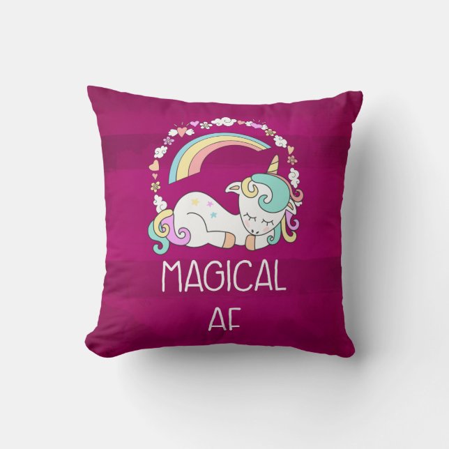 Humourous Unicorn Magical AF on Dark Red Pattern Throw Pillow (Front)