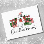 Humourous Unique Cute Funny Christmas Postcard<br><div class="desc">Explore this delightful 'Ghost of Christmas Present' print, which cleverly pays homage to a beloved movie classic. This charming design features a cute lovable Christmas ghost donning a festive pink Santa hat and surrounded by an abundance of beautifully wrapped Christmas presents. The colour palette includes a cheerful mix of reds,...</div>