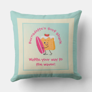 Humourous Waffle Surfer with Surfboard Name Text Outdoor Pillow