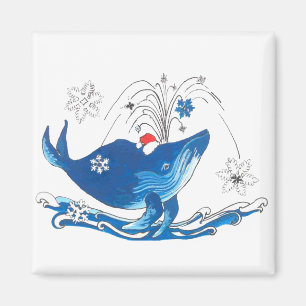 Humpback Christmas Whale with Santas Hat Snowflake Magnet