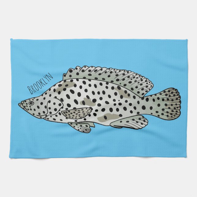 Humpback grouper fish cartoon illustration kitchen towel (Horizontal)