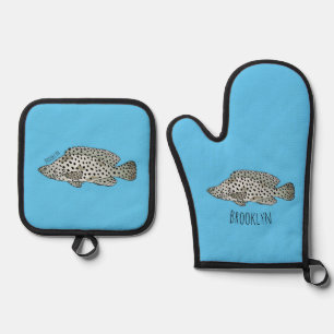 Humpback grouper fish cartoon illustration oven mitt & pot holder set