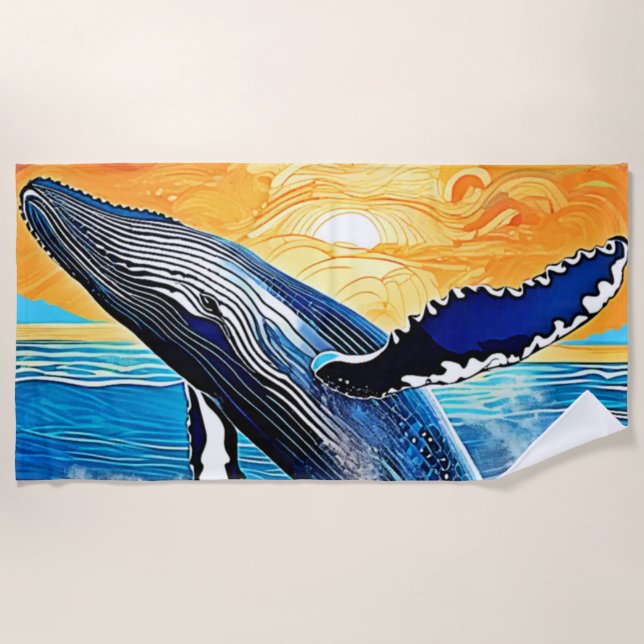 Humpback Sunset Leap Art Beach Towel (Front)
