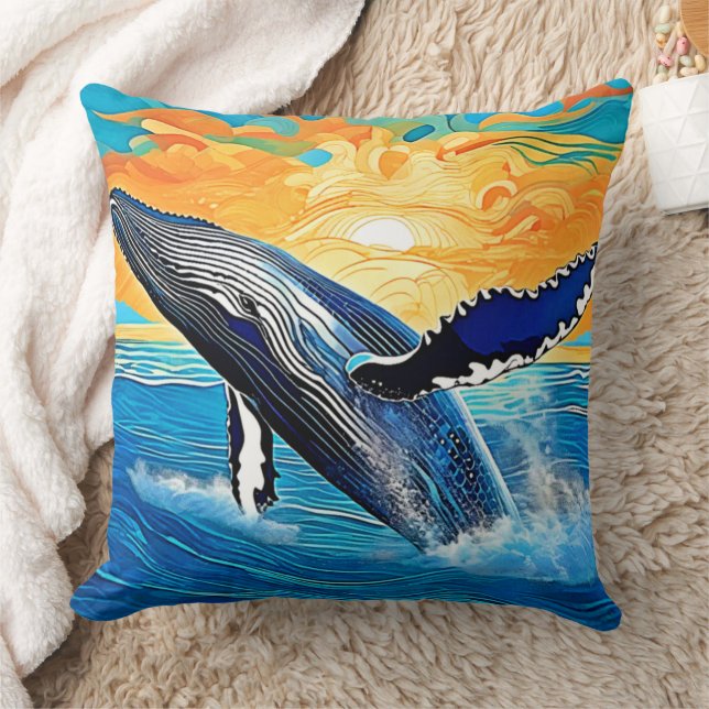 Humpback Sunset Leap Art Throw Pillow (Blanket)