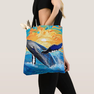 Humpback Sunset Leap Art Tote Bag