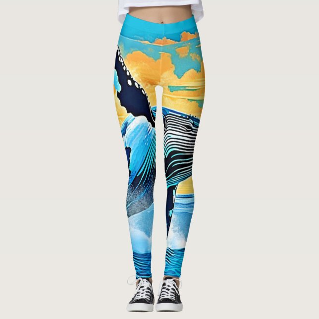 Humpback Whale Ocean Freedom Jump Design Leggings (Front)