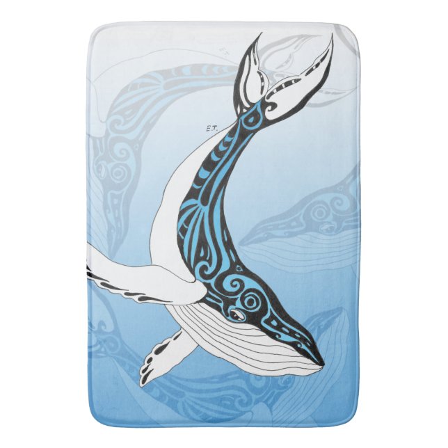 Humpback Whale Tribal Blue Art Bath Mat (Front Vertical)