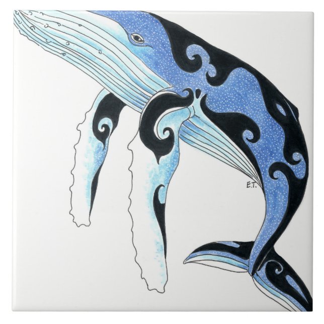 Humpback Whale Tribal Spirit Blue Art Tile (Front)