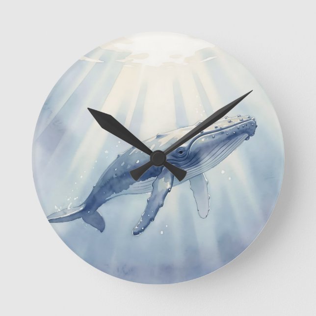 Humpback Whale Watercolor Ocean Round Clock (Front)