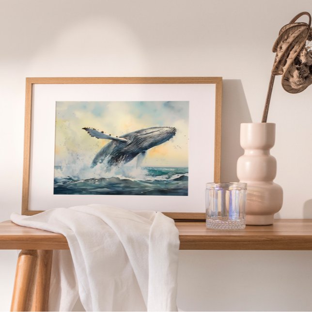 Humpback Whale Watercolor Painting Poster (Captures the moment when a magnificent humpback whale breaches the ocean's surface.)
