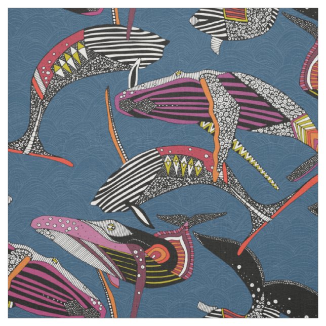 humpback whales cobalt fabric (Swatch)