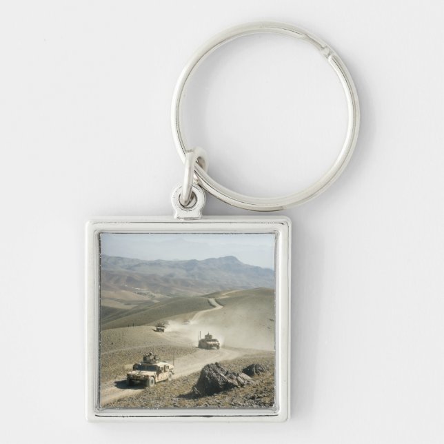 Humvees traverse rugged mountain roads keychain (Front)