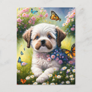 Hund in Blumenwiese mit Schmetterlingen Postcard