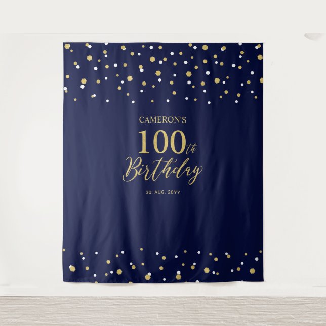 Hundred Gold & Navy 100th Birthday Party Backdrop Tapestry (Front)