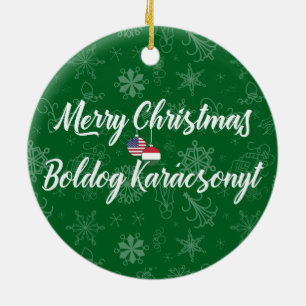 Hungarian American Bilingual Merry Christmas Ceramic Ornament