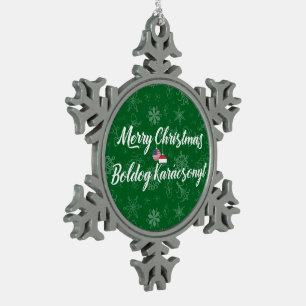 Hungarian American Bilingual Merry Christmas Snowflake Pewter Christmas Ornament