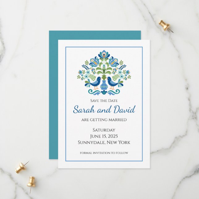 Hungarian Design Blue Birds Save The Date (Front/Back In Situ)